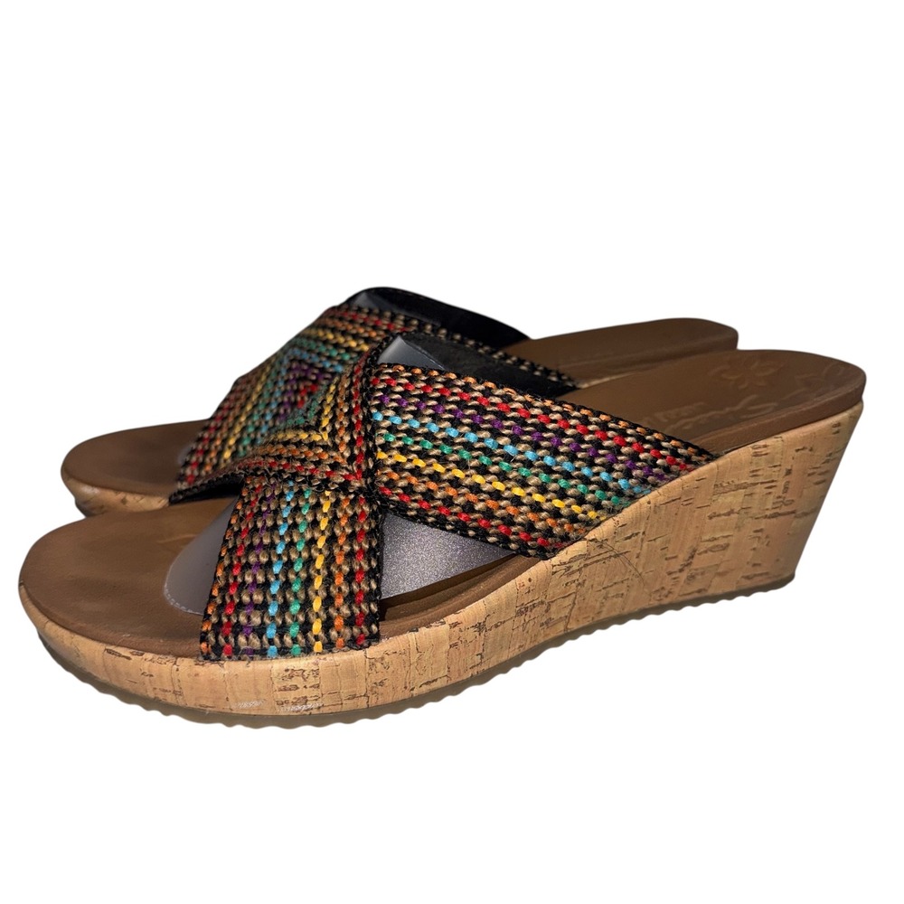 Skechers Luxe Foam‎ Wedge Sandals Women 8 Multi Color Excellent Woven Cork Slide